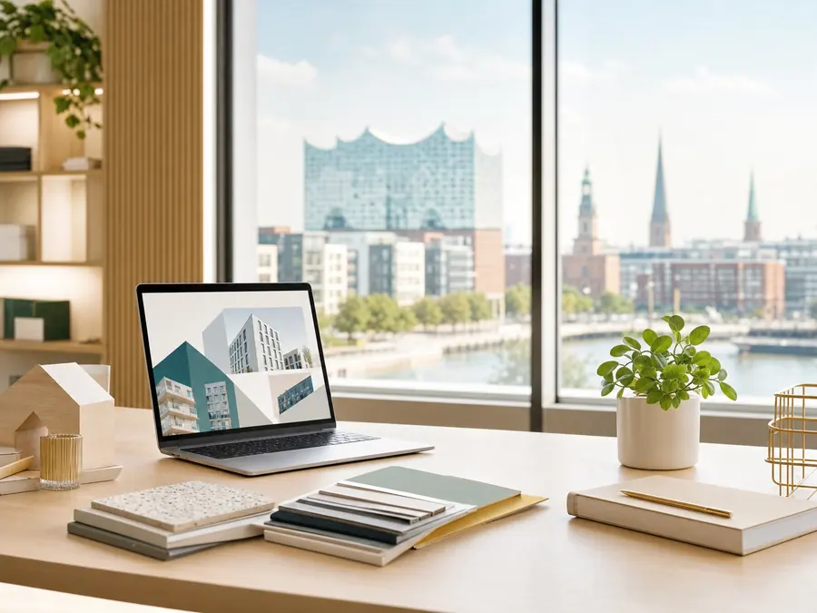 Helles modernes Büro mit Laptop, Immobilienmaterialien und Hamburg-Ausblick ohne Menschen