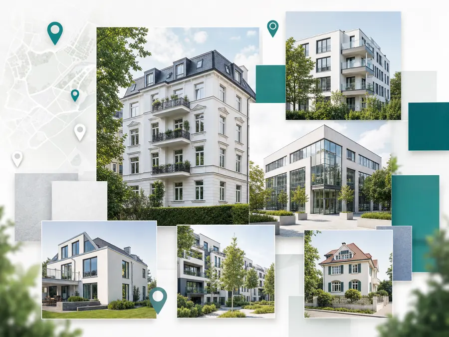 Helle Collage aus Wohn- und Geschäftsimmobilien als Portfolio-Referenz
