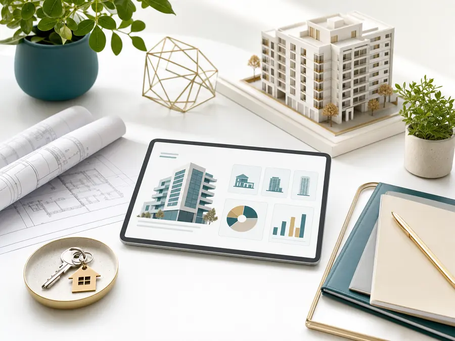 Heller Schreibtisch mit Immobilienmodell, Plänen und Portfolio-Visualisierung